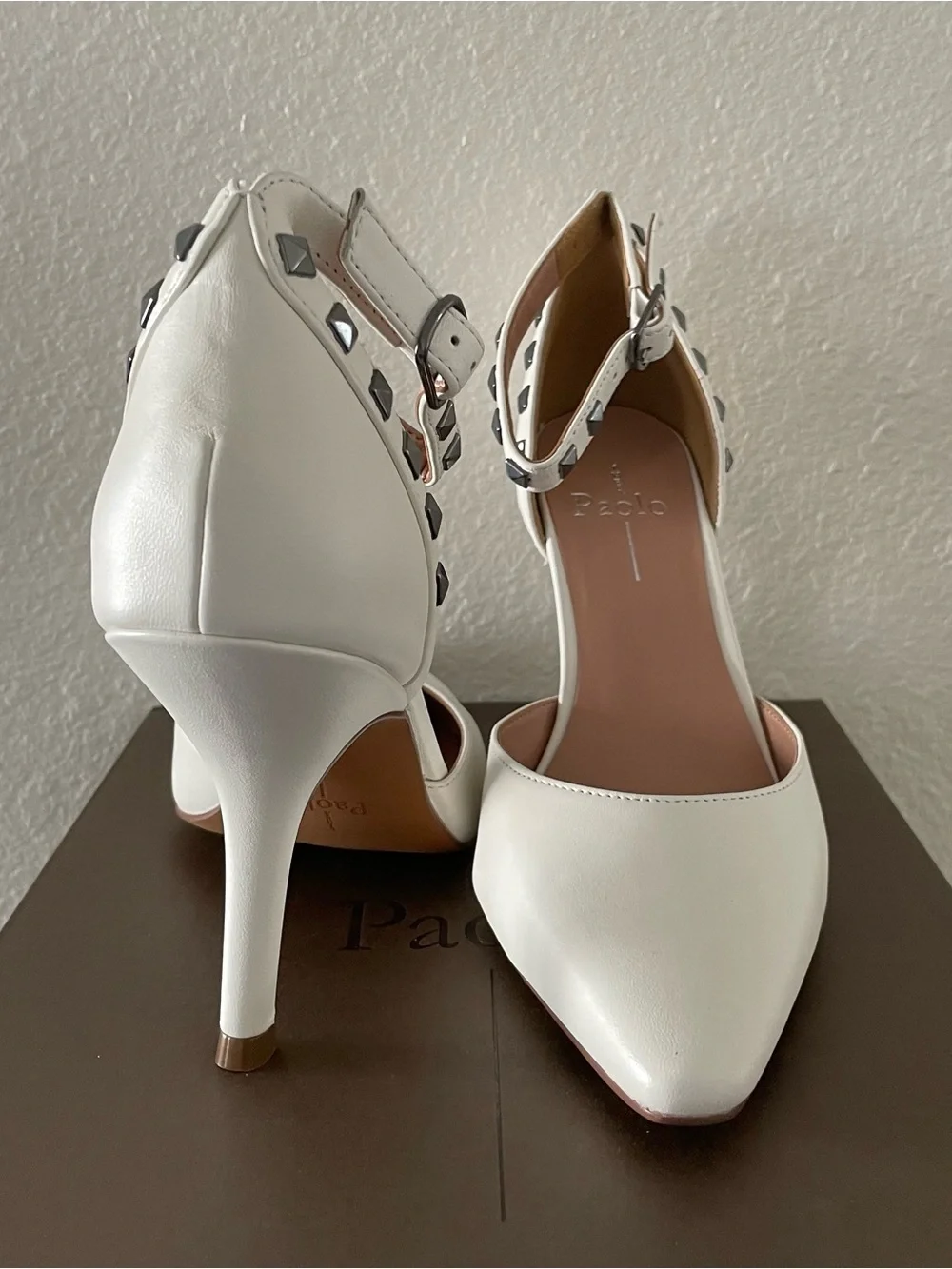 Paolo Leather Studded Ankle-Strap Heels in eggshell